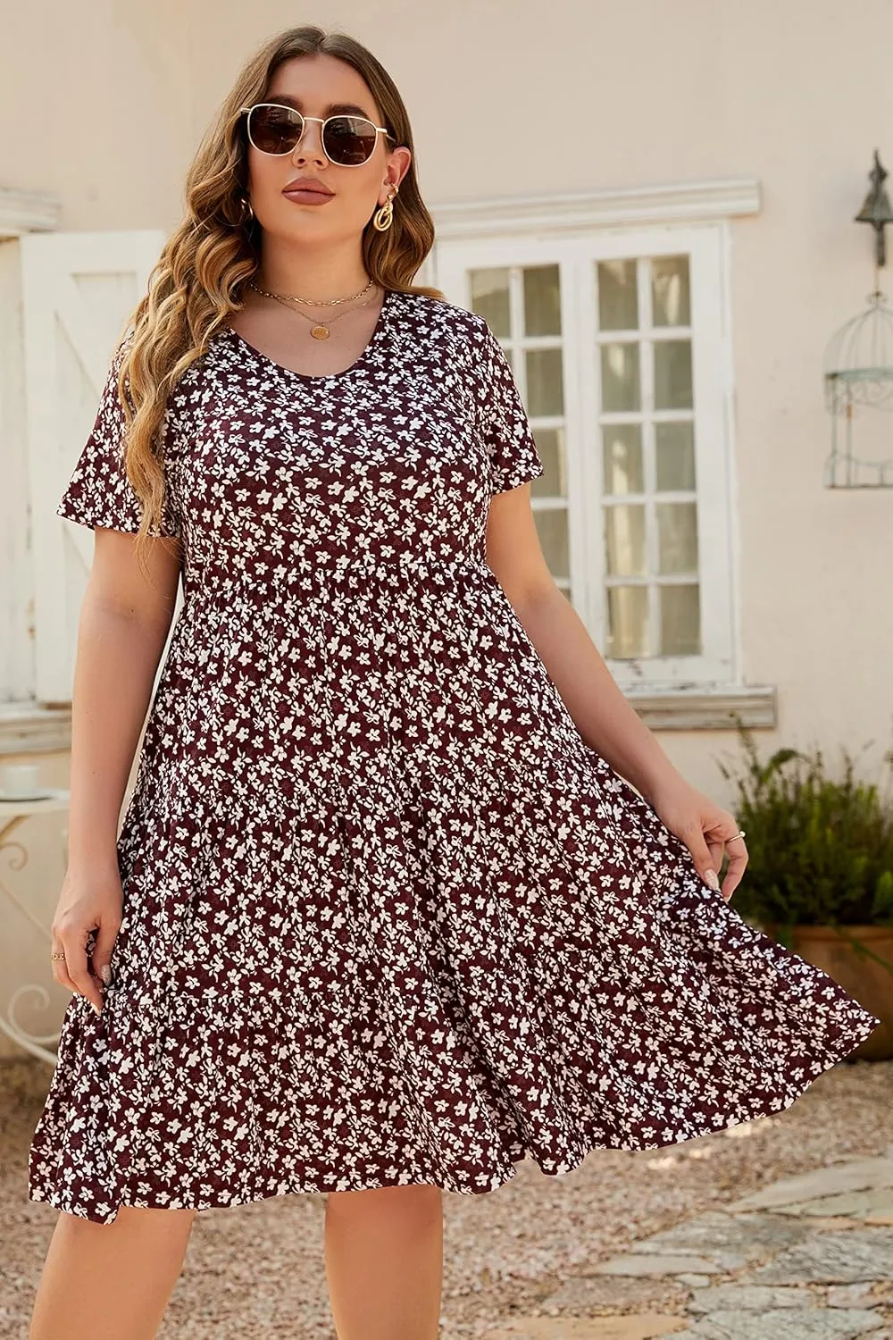Women's Plus Size Casual Summer Tiered Dresses Short Sleeve Scoop Neck Ruffle Hem Loose Fitting Midi Babydoll Dress