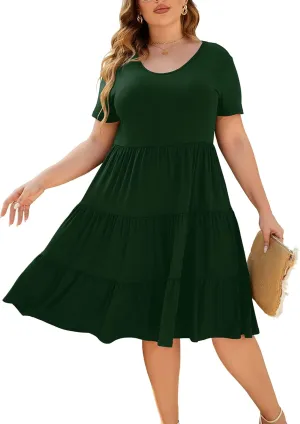 Women's Plus Size Casual Summer Tiered Dresses Short Sleeve Scoop Neck Ruffle Hem Loose Fitting Midi Babydoll Dress