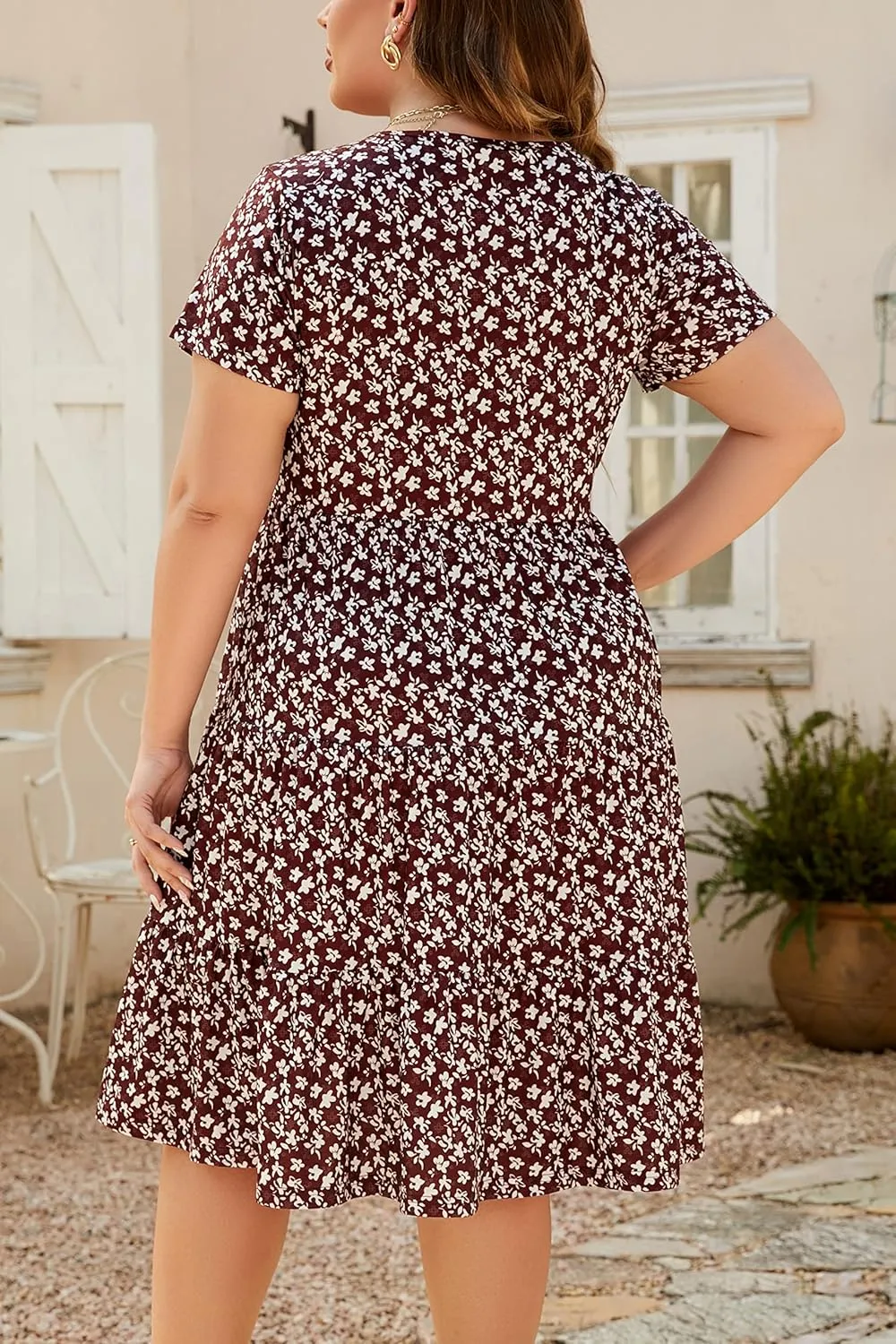 Women's Plus Size Casual Summer Tiered Dresses Short Sleeve Scoop Neck Ruffle Hem Loose Fitting Midi Babydoll Dress