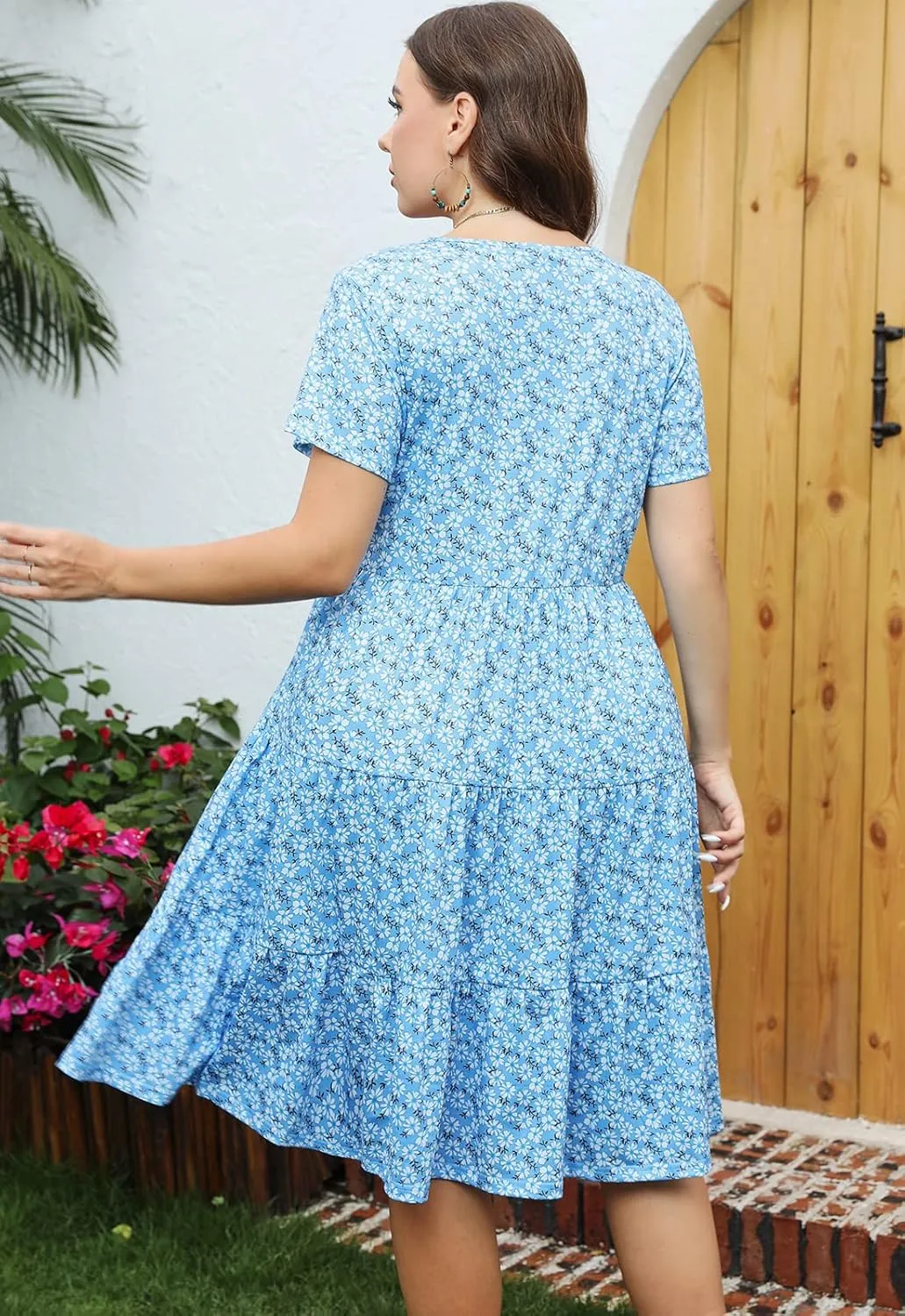 Women's Plus Size Casual Summer Tiered Dresses Short Sleeve Scoop Neck Ruffle Hem Loose Fitting Midi Babydoll Dress