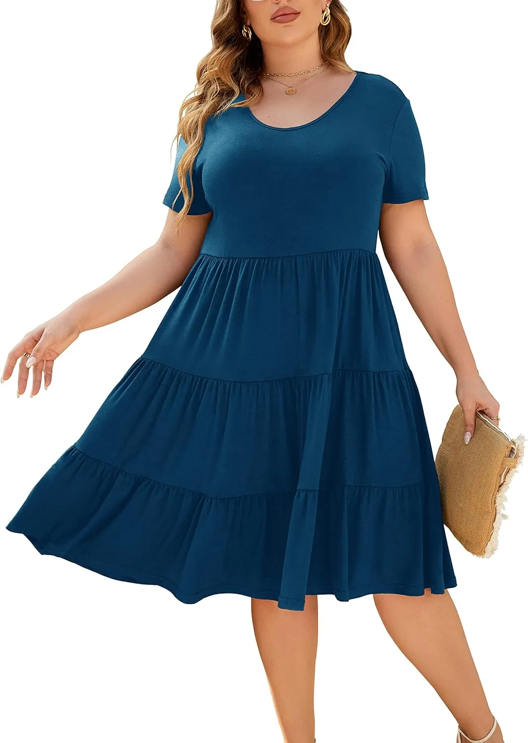 Women's Plus Size Casual Summer Tiered Dresses Short Sleeve Scoop Neck Ruffle Hem Loose Fitting Midi Babydoll Dress