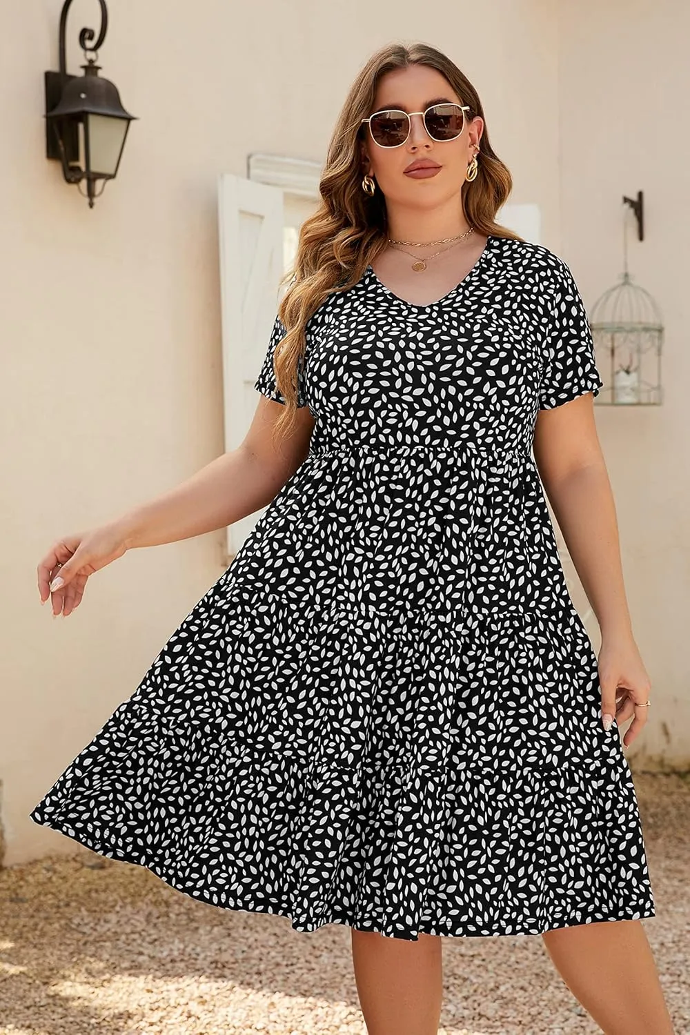 Women's Plus Size Casual Summer Tiered Dresses Short Sleeve Scoop Neck Ruffle Hem Loose Fitting Midi Babydoll Dress