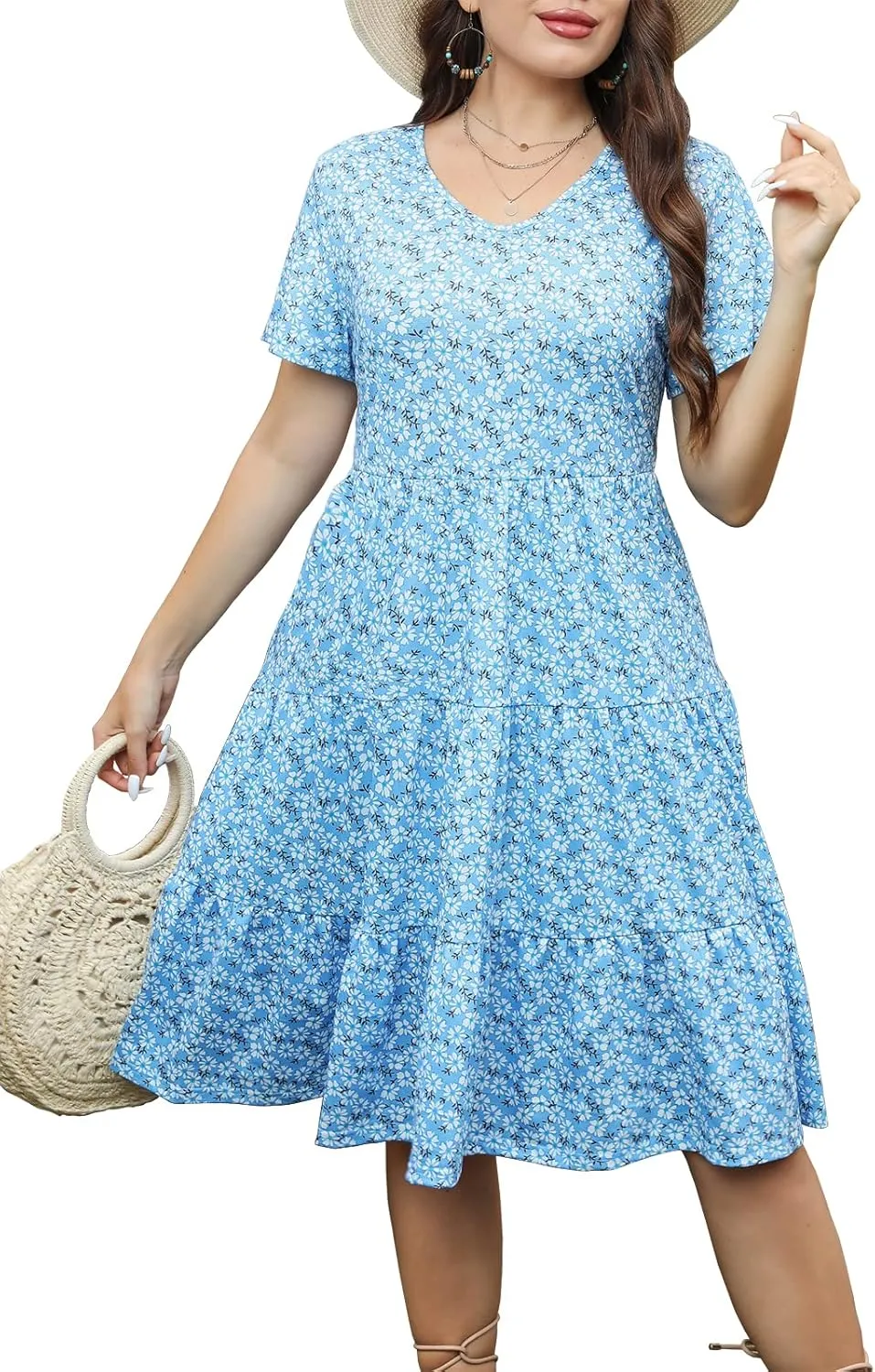 Women's Plus Size Casual Summer Tiered Dresses Short Sleeve Scoop Neck Ruffle Hem Loose Fitting Midi Babydoll Dress