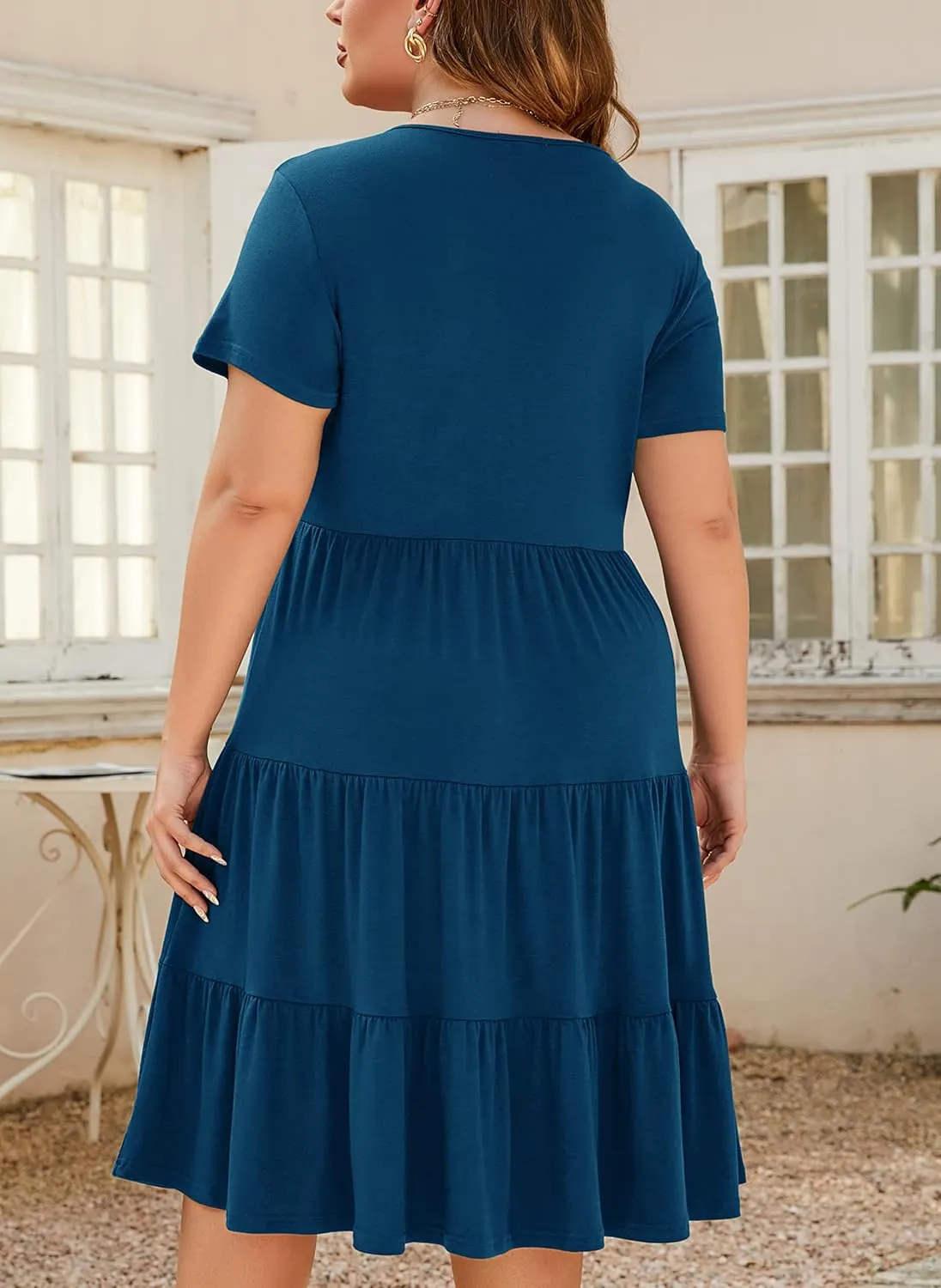 Women's Plus Size Casual Summer Tiered Dresses Short Sleeve Scoop Neck Ruffle Hem Loose Fitting Midi Babydoll Dress
