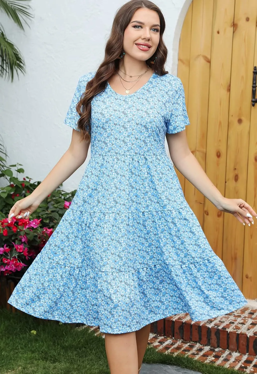 Women's Plus Size Casual Summer Tiered Dresses Short Sleeve Scoop Neck Ruffle Hem Loose Fitting Midi Babydoll Dress