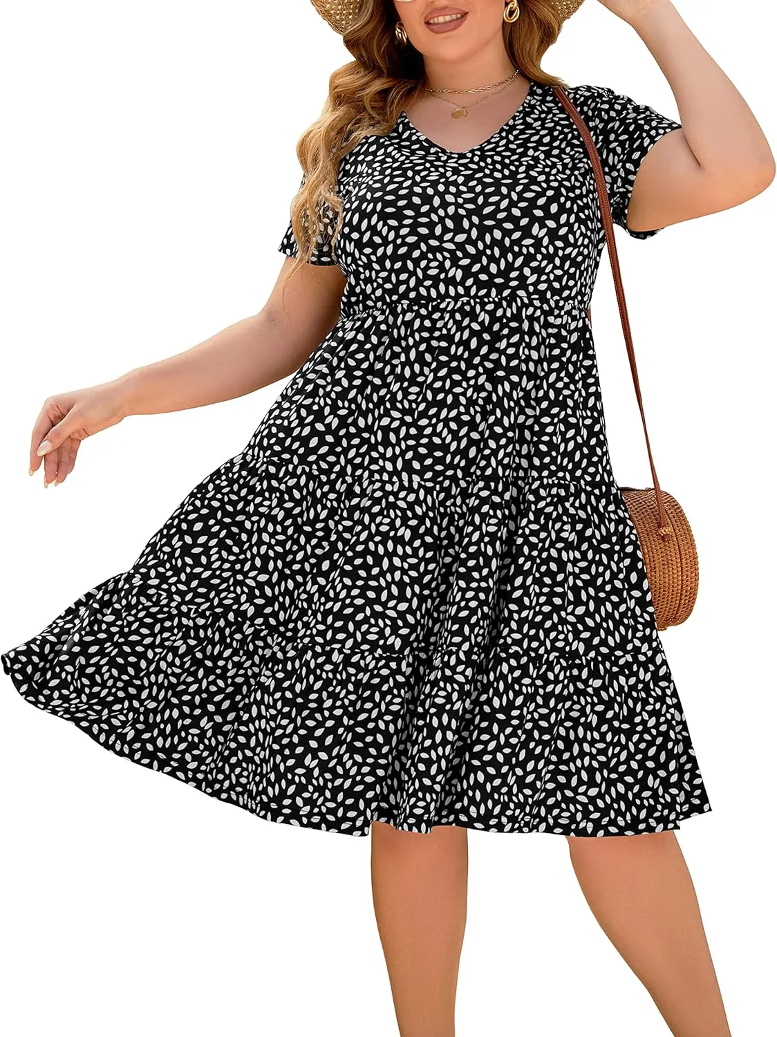 Women's Plus Size Casual Summer Tiered Dresses Short Sleeve Scoop Neck Ruffle Hem Loose Fitting Midi Babydoll Dress