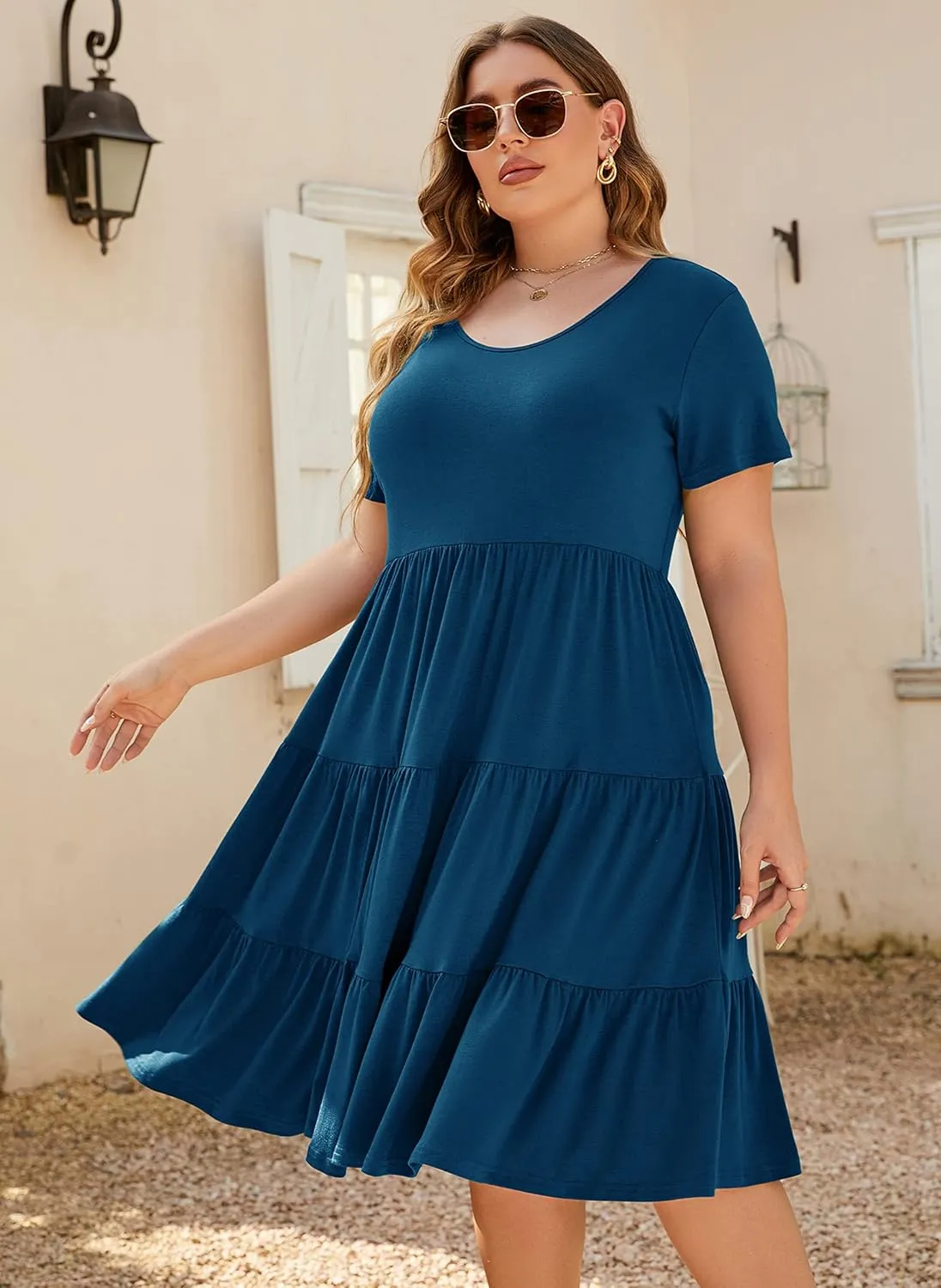 Women's Plus Size Casual Summer Tiered Dresses Short Sleeve Scoop Neck Ruffle Hem Loose Fitting Midi Babydoll Dress