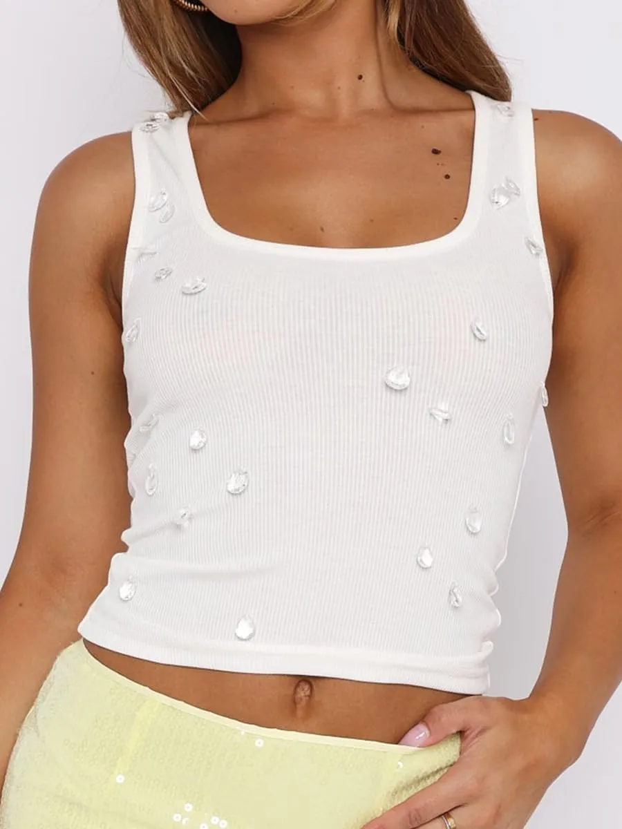 Womens Rhinestone Pearl Camisole Tank Top Crewneck Sleeveless Casual Slim Summer Cropped Shirts 2025