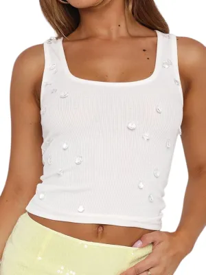 Womens Rhinestone Pearl Camisole Tank Top Crewneck Sleeveless Casual Slim Summer Cropped Shirts 2025