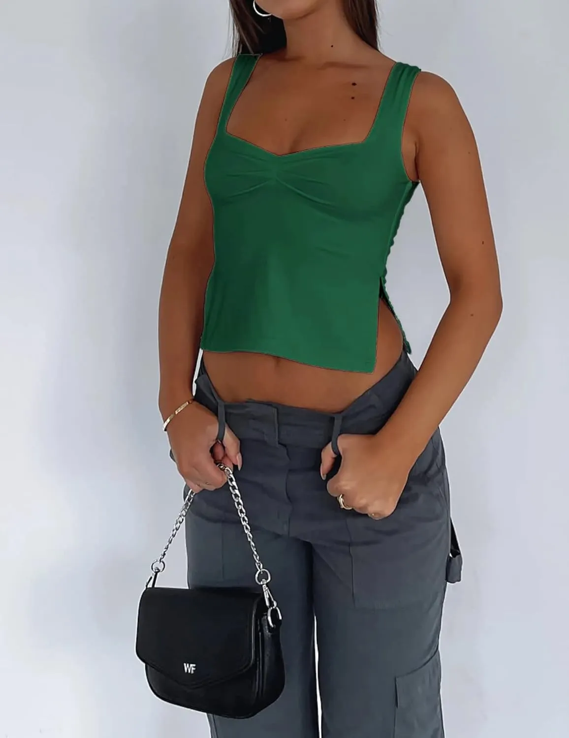 Women's Sleeveless Backless Going Out Crop Tank Top Sexy Pleated Sweetheart Neck Strappy Y2K Slits Cropped Tops