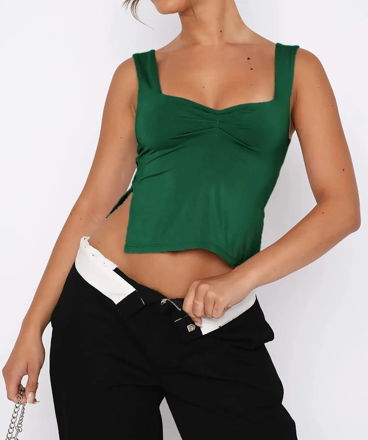 Women's Sleeveless Backless Going Out Crop Tank Top Sexy Pleated Sweetheart Neck Strappy Y2K Slits Cropped Tops