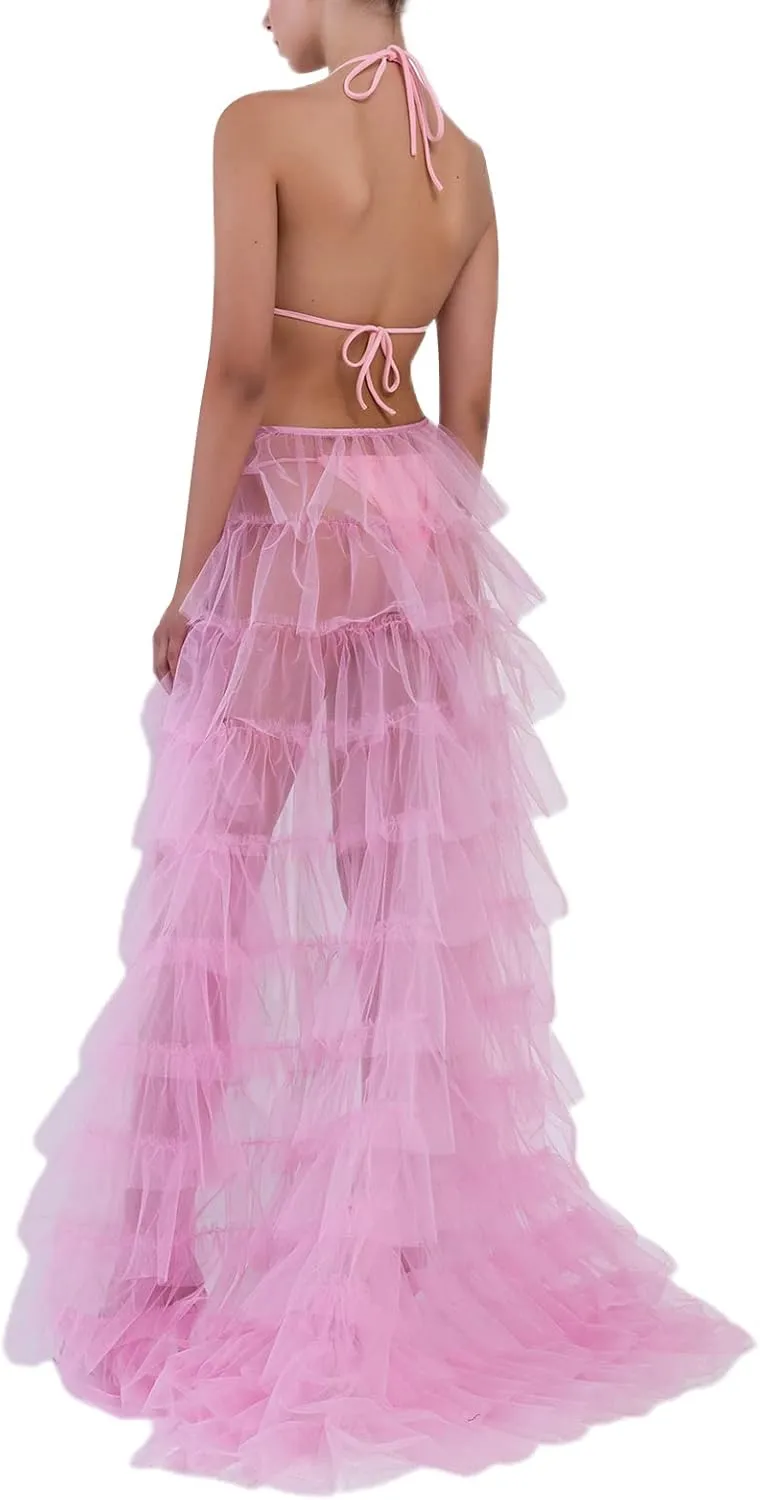 Women's Solid Color Mesh Skirt Tied-Up Irregular Tulle Skirt Layered Maxi Dress Ruffle Tulle Long Tiered A-line Skirt