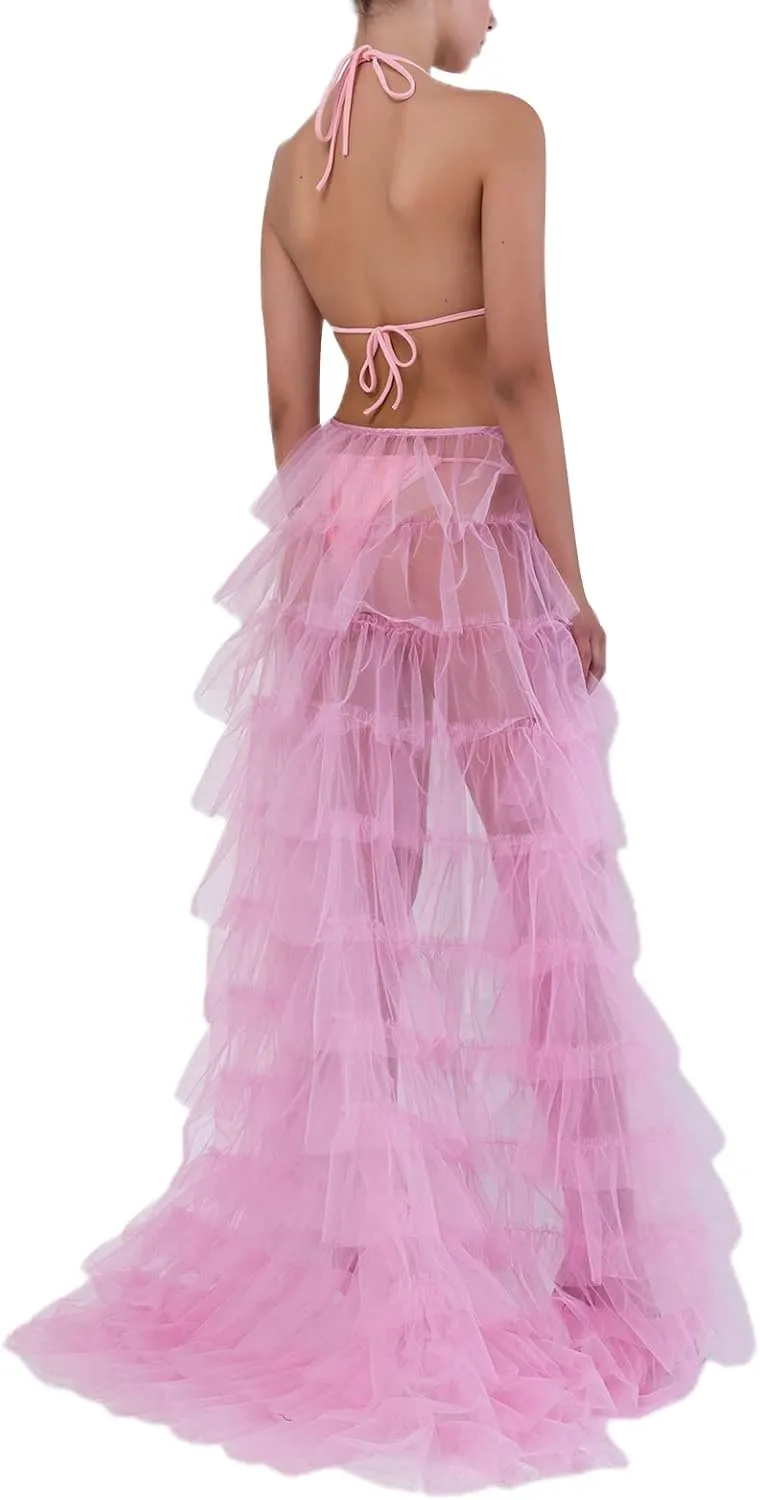 Women's Solid Color Mesh Skirt Tied-Up Irregular Tulle Skirt Layered Maxi Dress Ruffle Tulle Long Tiered A-line Skirt