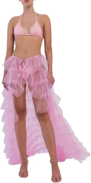 Women's Solid Color Mesh Skirt Tied-Up Irregular Tulle Skirt Layered Maxi Dress Ruffle Tulle Long Tiered A-line Skirt