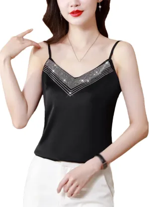 Women's Spaghetti Strap Backless Camisole Satin V-Neck Rhinestones Sexy Party Cropped Tops