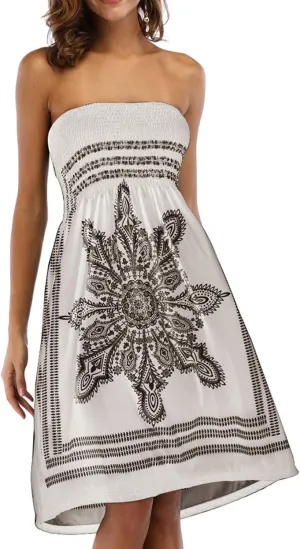 Women's Strapless Floral Bohemian Casual Mini Beach Dress Cover-ups Dress