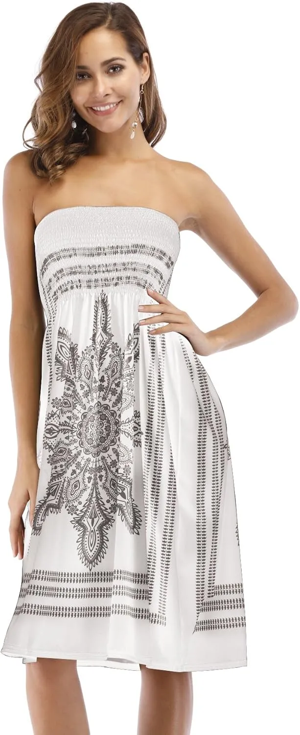 Women's Strapless Floral Bohemian Casual Mini Beach Dress Cover-ups Dress