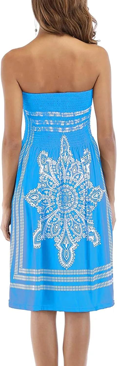 Women's Strapless Floral Bohemian Casual Mini Beach Dress Cover-ups Dress