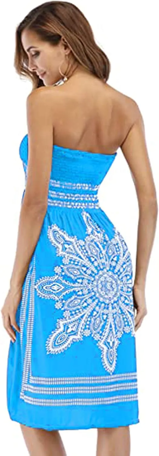 Women's Strapless Floral Bohemian Casual Mini Beach Dress Cover-ups Dress