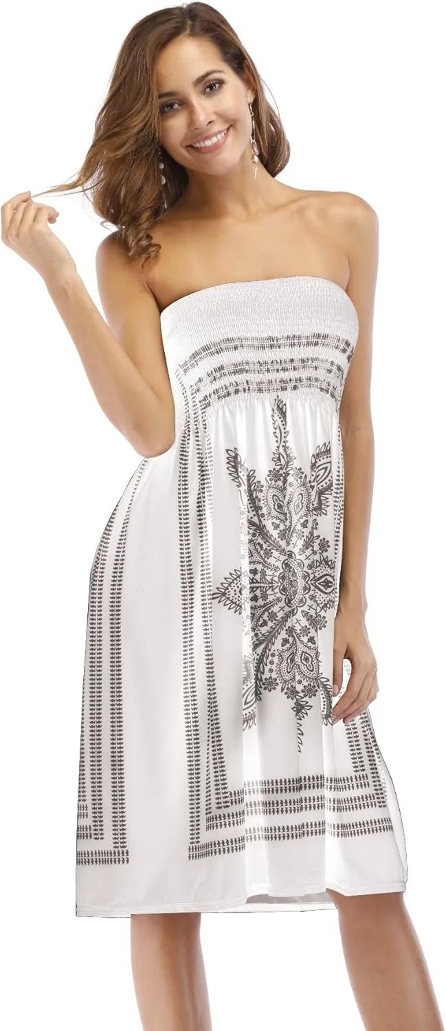 Women's Strapless Floral Bohemian Casual Mini Beach Dress Cover-ups Dress