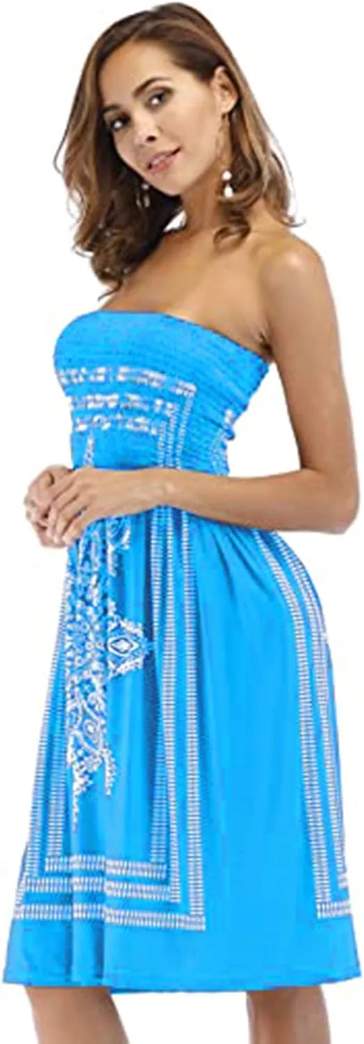 Women's Strapless Floral Bohemian Casual Mini Beach Dress Cover-ups Dress