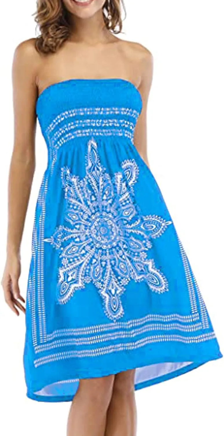 Women's Strapless Floral Bohemian Casual Mini Beach Dress Cover-ups Dress
