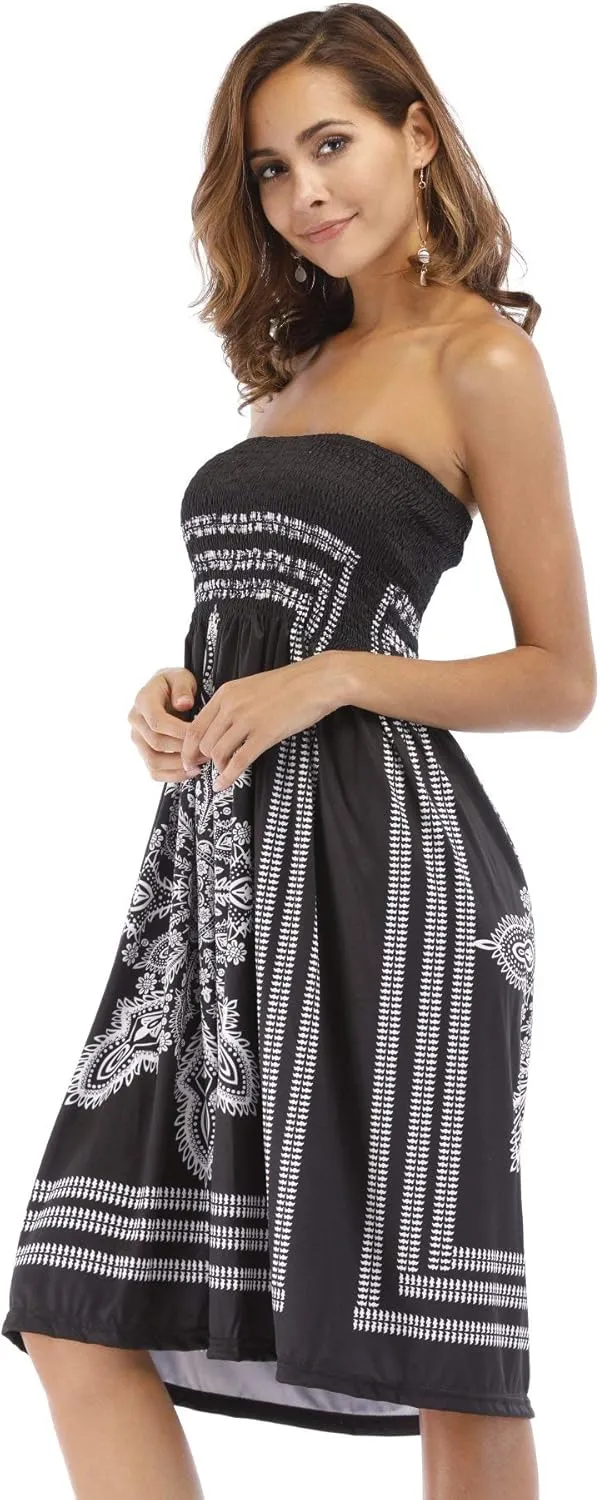 Women's Strapless Floral Bohemian Casual Mini Beach Dress Cover-ups Dress