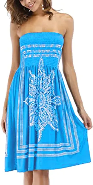 Women's Strapless Floral Bohemian Casual Mini Beach Dress Cover-ups Dress
