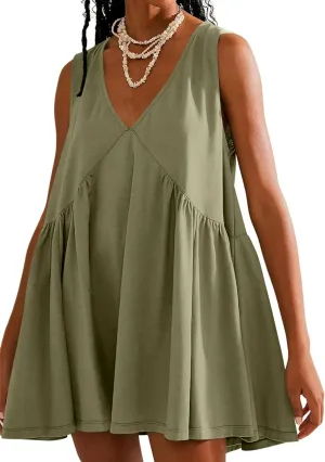 Women's Summer Sleeveless Mini Dress Casual Loose V Neck Beach Sundress with Pockets