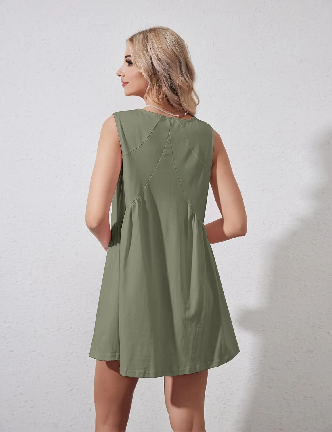 Womens Summer Sleeveless Mini Dress Casual Loose V Neck Sundress Swing Flowy Beach Dress with Pocket Pleated Dresses