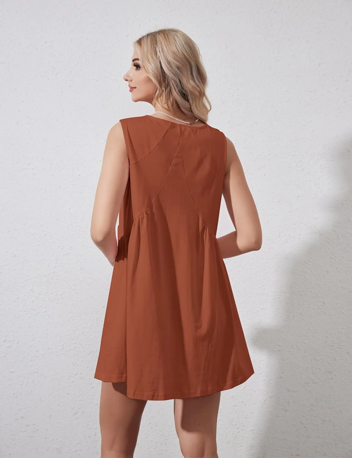 Womens Summer Sleeveless Mini Dress Casual Loose V Neck Sundress Swing Flowy Beach Dress with Pocket Pleated Dresses