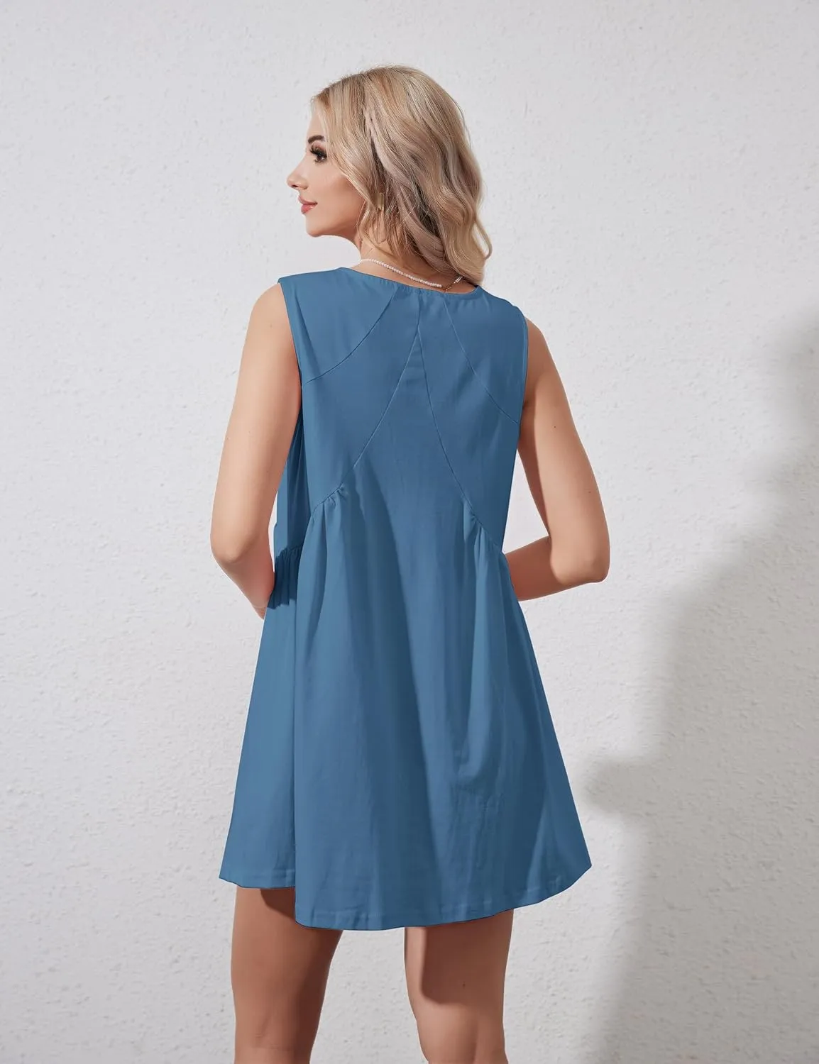 Womens Summer Sleeveless Mini Dress Casual Loose V Neck Sundress Swing Flowy Beach Dress with Pocket Pleated Dresses