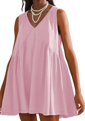 Womens Summer Sleeveless Mini Dress Casual Loose V Neck Sundress Swing Flowy Beach Dress with Pocket Pleated Dresses