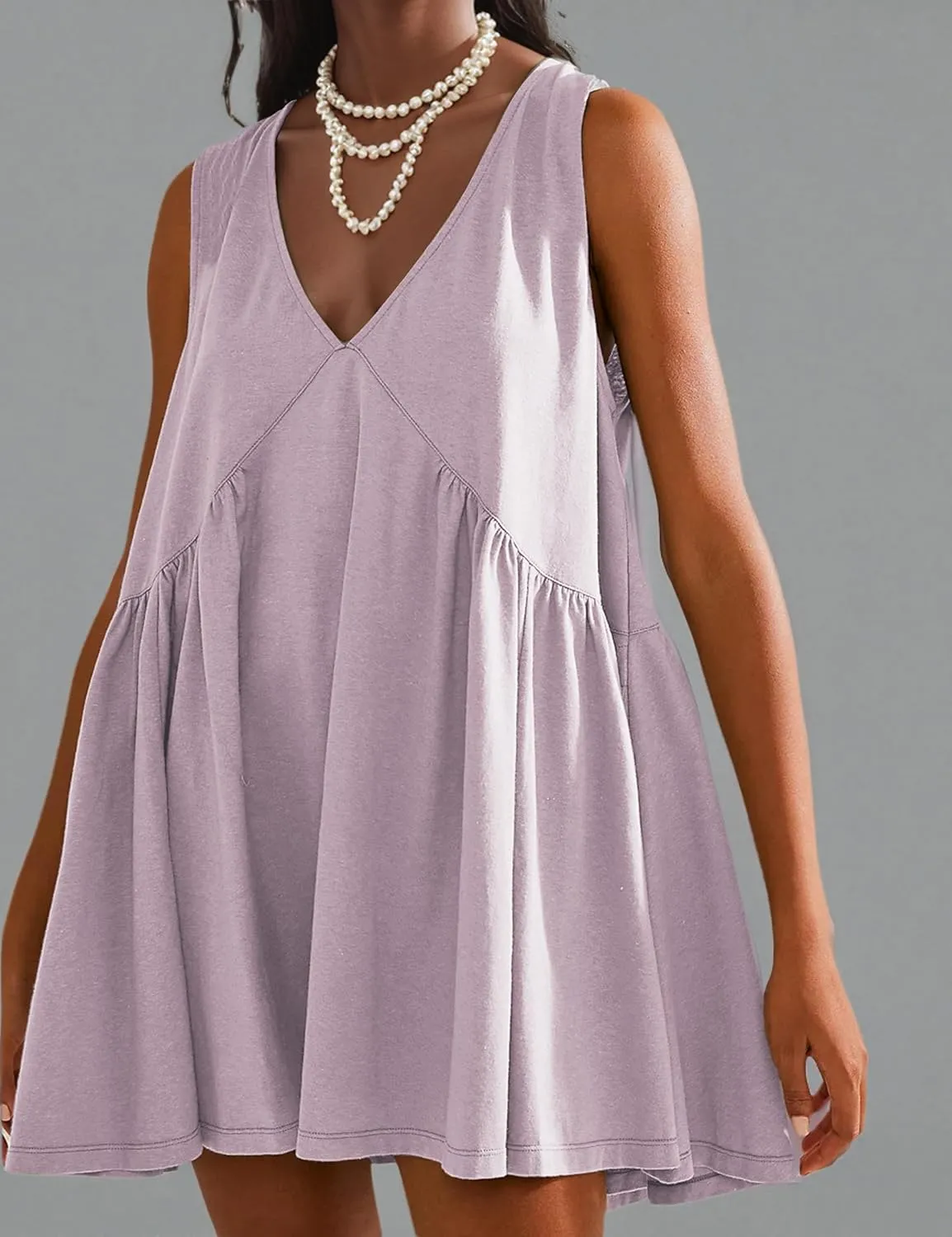 Womens Summer Sleeveless Mini Dress Casual Loose V Neck Sundress Swing Flowy Beach Dress with Pocket Pleated Dresses
