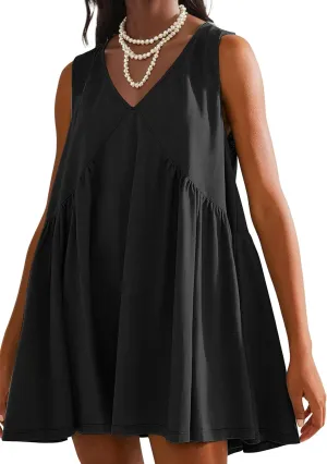Womens Summer Sleeveless Mini Dress Casual Loose V Neck Sundress Swing Flowy Beach Dress with Pocket Pleated Dresses
