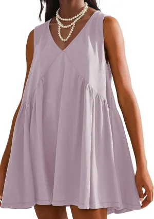 Womens Summer Sleeveless Mini Dress Casual Loose V Neck Sundress Swing Flowy Beach Dress with Pocket Pleated Dresses