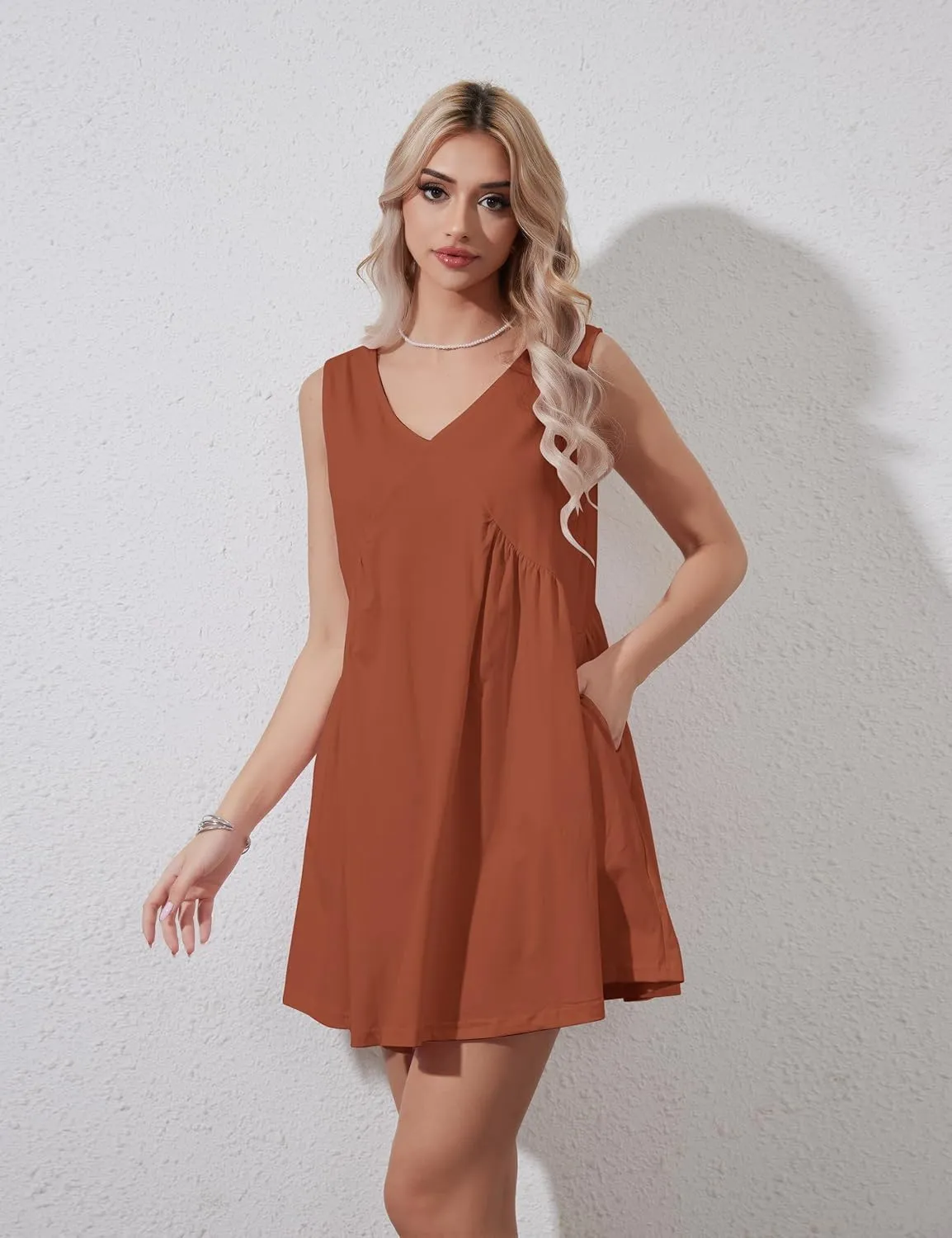 Womens Summer Sleeveless Mini Dress Casual Loose V Neck Sundress Swing Flowy Beach Dress with Pocket Pleated Dresses