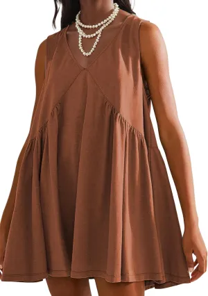 Womens Summer Sleeveless Mini Dress Casual Loose V Neck Sundress Swing Flowy Beach Dress with Pocket Pleated Dresses