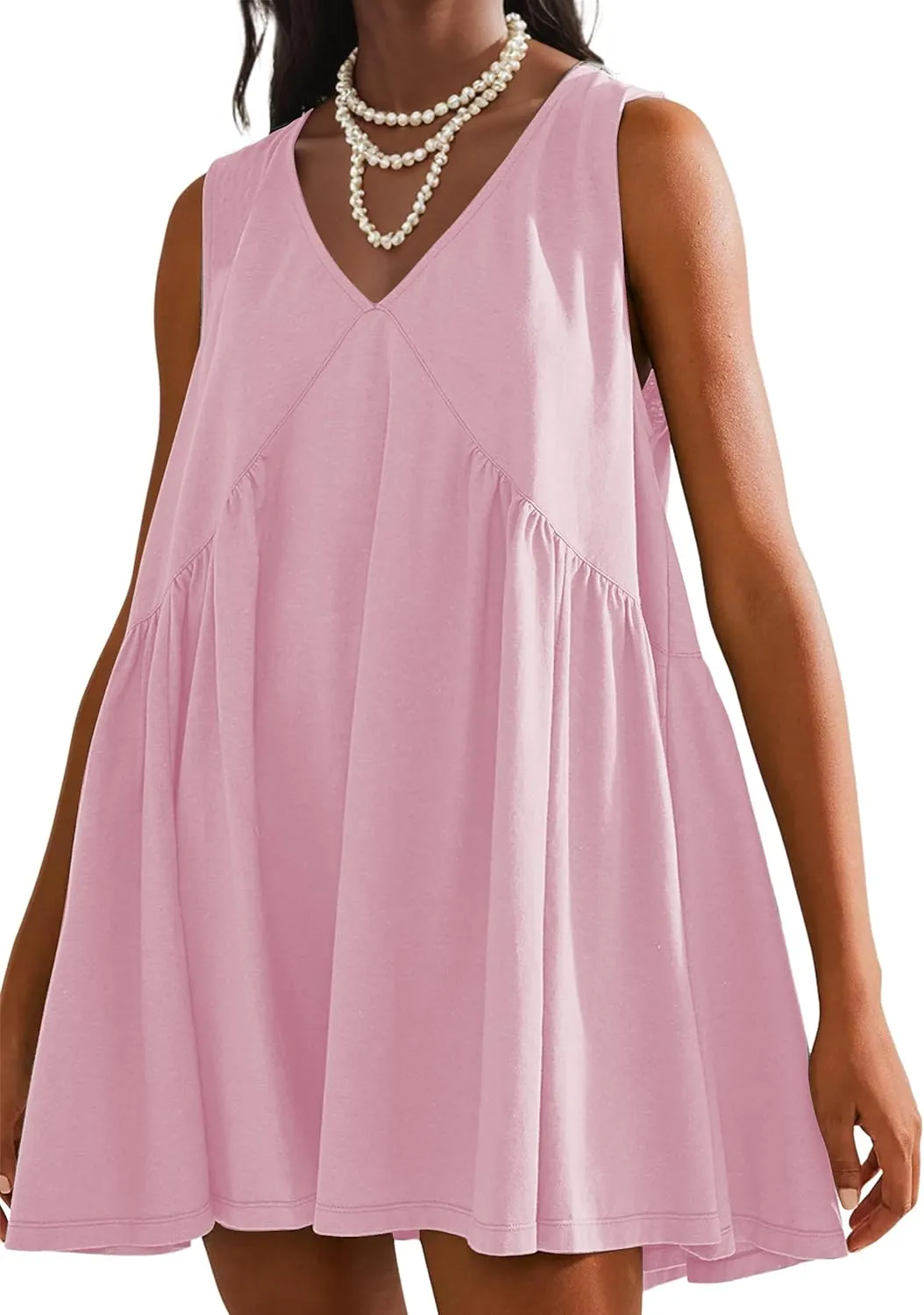 Womens Summer Sleeveless Mini Dress Casual Loose V Neck Sundress Swing Flowy Beach Dress with Pocket Pleated Dresses