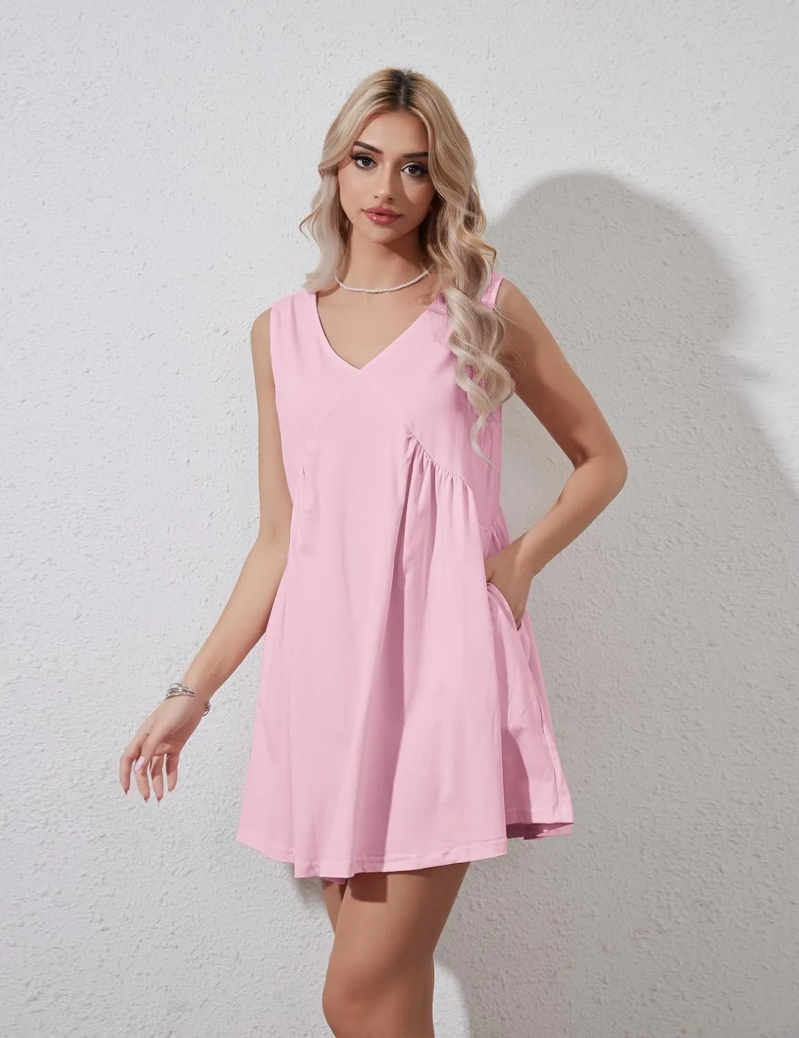 Womens Summer Sleeveless Mini Dress Casual Loose V Neck Sundress Swing Flowy Beach Dress with Pocket Pleated Dresses