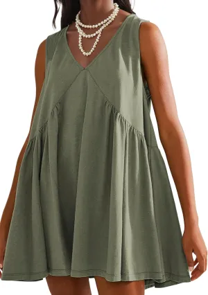 Womens Summer Sleeveless Mini Dress Casual Loose V Neck Sundress Swing Flowy Beach Dress with Pocket Pleated Dresses