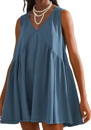 Womens Summer Sleeveless Mini Dress Casual Loose V Neck Sundress Swing Flowy Beach Dress with Pocket Pleated Dresses