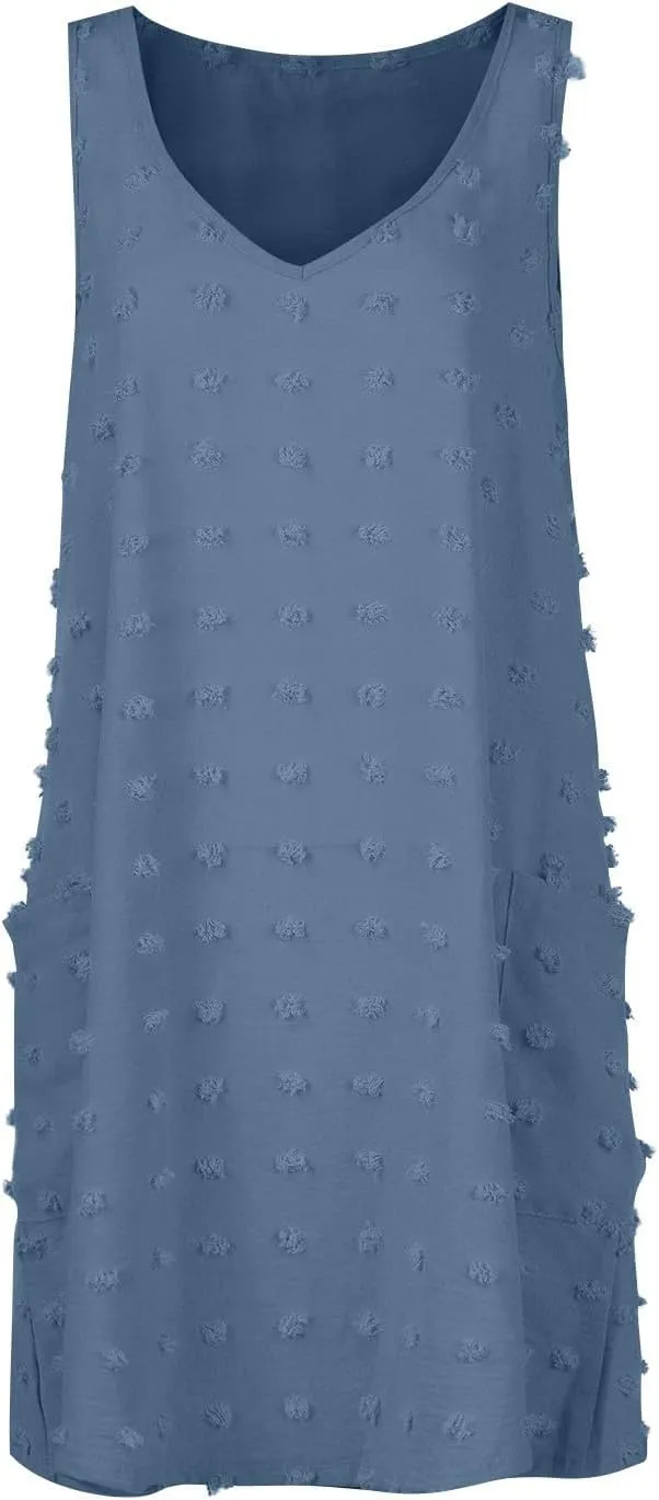 Womens V Neck Swiss Dot Mini Dress Sleeveless Loose Tank Dress Sundress Boho Beach Cover up Summer Dress with Pockets