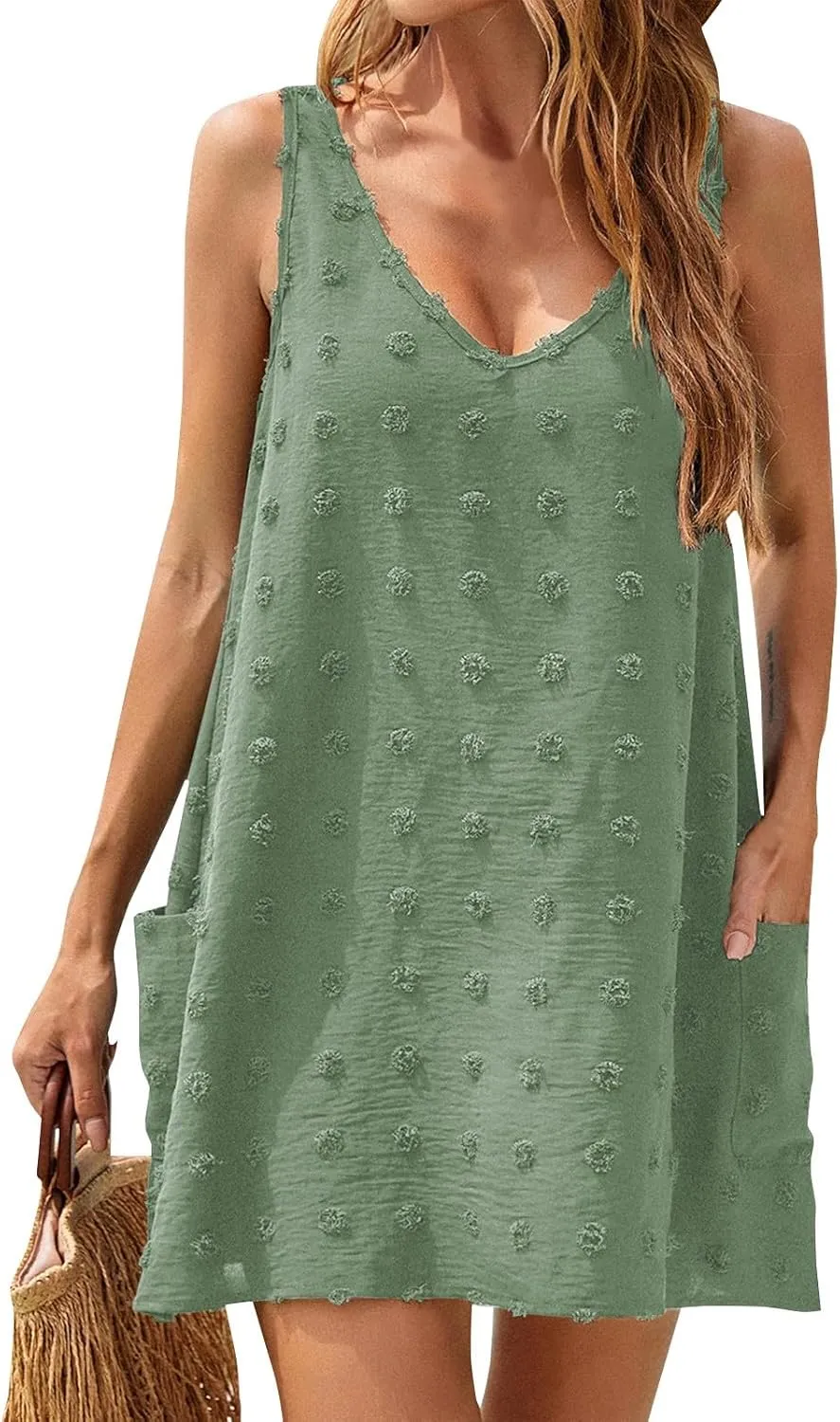 Womens V Neck Swiss Dot Mini Dress Sleeveless Loose Tank Dress Sundress Boho Beach Cover up Summer Dress with Pockets