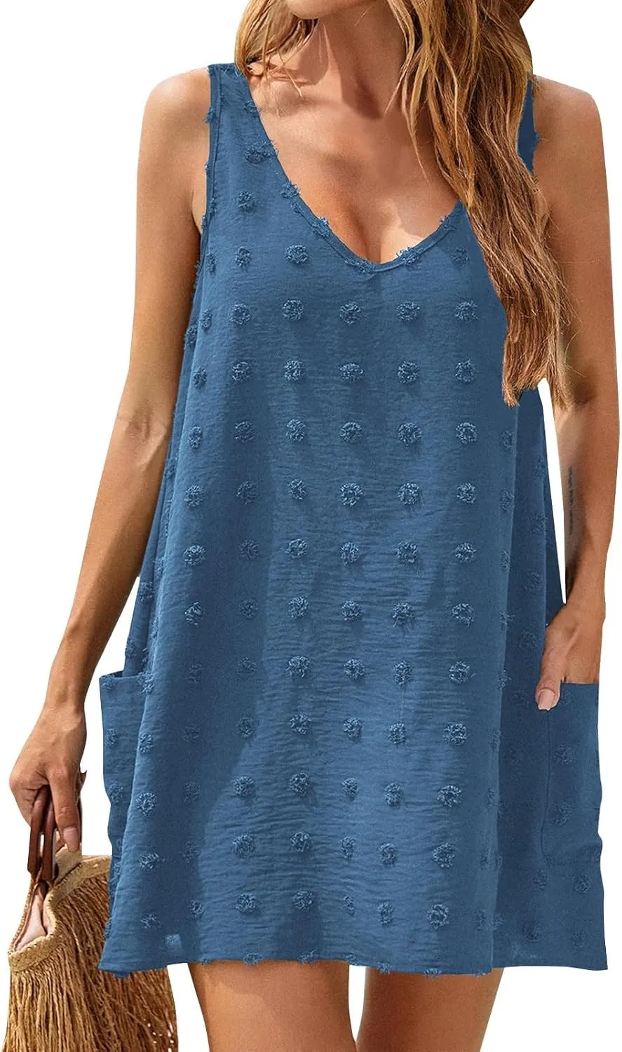 Womens V Neck Swiss Dot Mini Dress Sleeveless Loose Tank Dress Sundress Boho Beach Cover up Summer Dress with Pockets