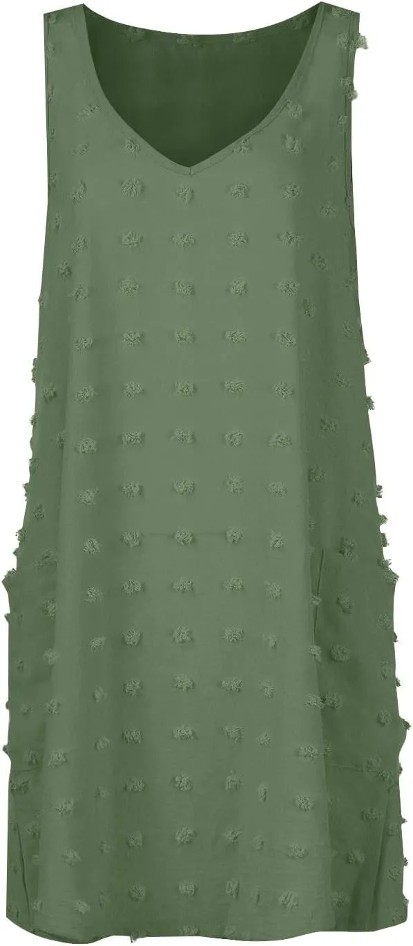 Womens V Neck Swiss Dot Mini Dress Sleeveless Loose Tank Dress Sundress Boho Beach Cover up Summer Dress with Pockets