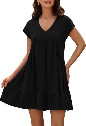 ZAFUL Women's T Shirt Dress V Neck Summer Casual Ruffle Short Sleeve Swing Dresses