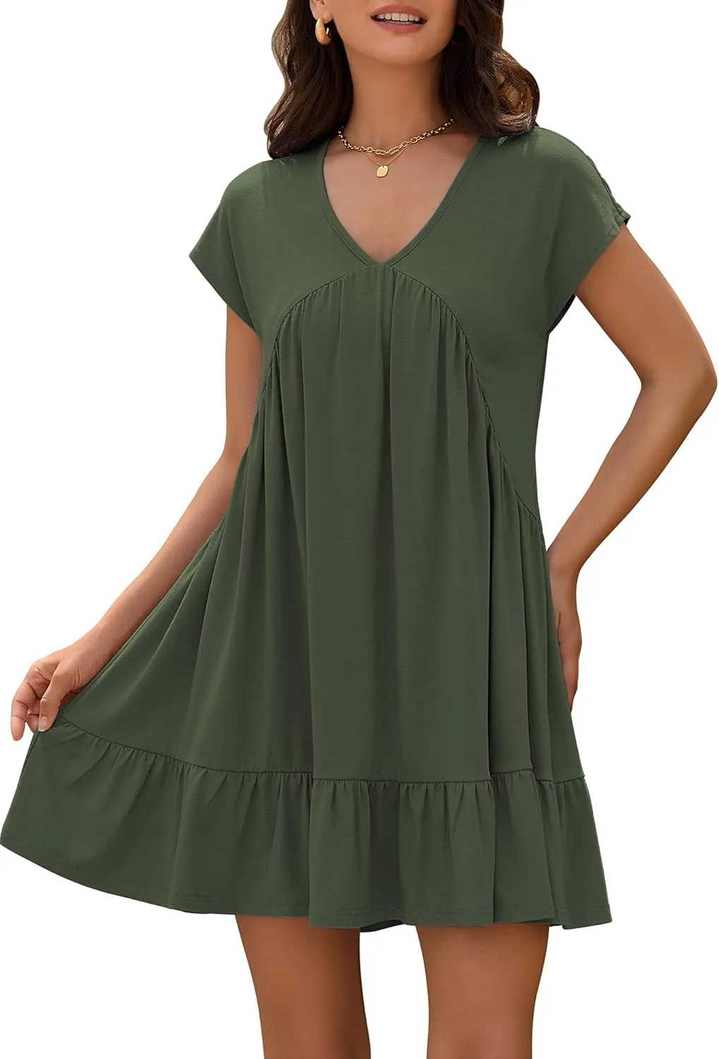 ZAFUL Women's T Shirt Dress V Neck Summer Casual Ruffle Short Sleeve Swing Dresses
