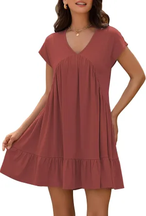 ZAFUL Women's T Shirt Dress V Neck Summer Casual Ruffle Short Sleeve Swing Dresses