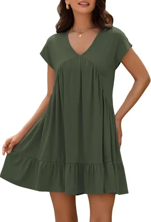 ZAFUL Women's T Shirt Dress V Neck Summer Casual Ruffle Short Sleeve Swing Dresses